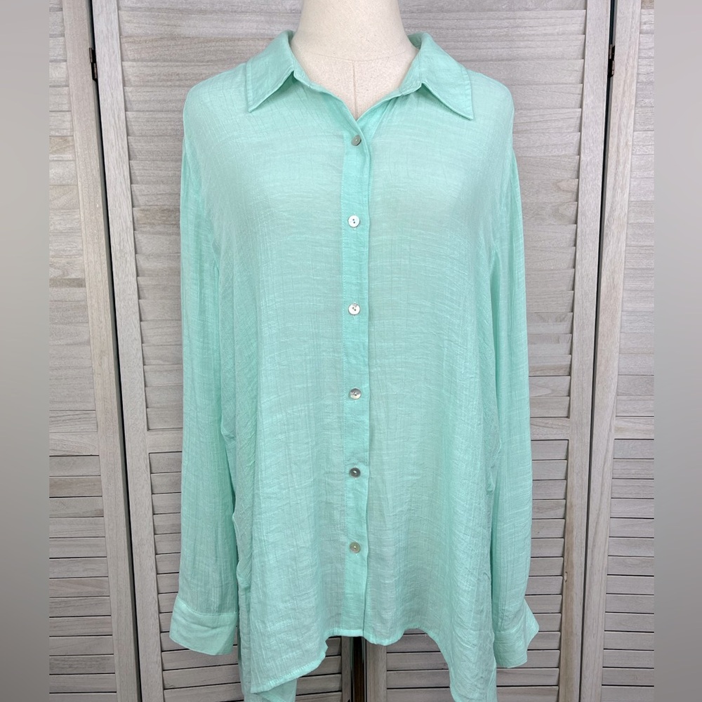 CHICO'S Oversized Button Down Shirt Linen Look Light Green-XL (Chico's 3)